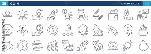 Coin related to icons set. Line icons including, coin, stack, bitcoin, piggy bank, investment, and so on. Vector editable stroke.