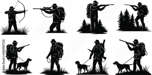 Hunter silhouettes with rifles, bows, backpacks, hunting dogs, forest background, outdoor adventure, wildlife tracking, hunting season, nature exploration.