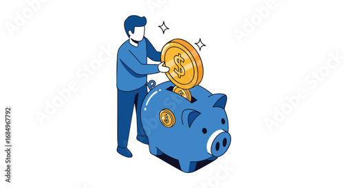 Man putting dollar coins into blue piggy bank isometric vector Savings Investment Finance Economy Banking Money Growth