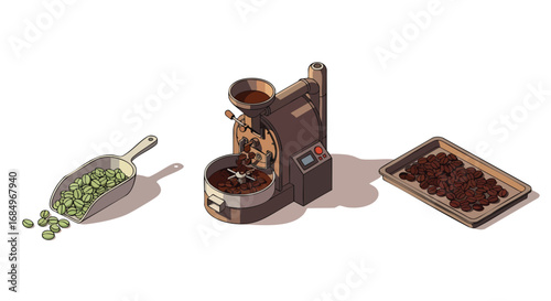 Isometric coffee roasting process showing raw and roasted beans roaster machine green brown fresh tray scoop