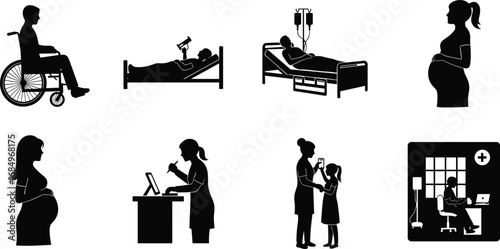 Medical healthcare silhouettes including patient in wheelchair, hospital bed, IV drip, pregnant woman, nurse with child, doctor office, health care