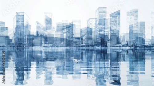 Abstract Minimalist Design of Modern Smart City: Transparent Glass Architecture with Water Surface Reflection, Blending Finance, Business & Digital Innovation for Future Urban Development