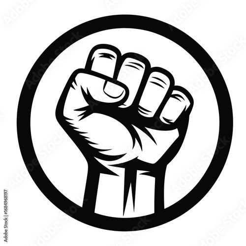 Black and white bold graphic vector of raised fist inside circular frame symbolizing strength, unity, and empowerment
