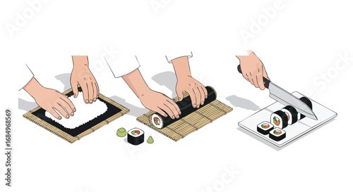 Isometric view hands preparing traditional Japanese sushi rolls Sushi Making Food Cuisine Cooking Process Recipe