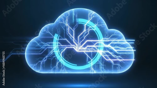 Advanced cloud technology visualization featuring a neon blue network with an update process symbol for secure data backup and synchronization