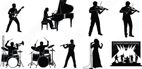 Musicians silhouettes collection, guitar player, pianist, violinist, drummer, flutist, singer, live band performance, musical instruments, concert stage