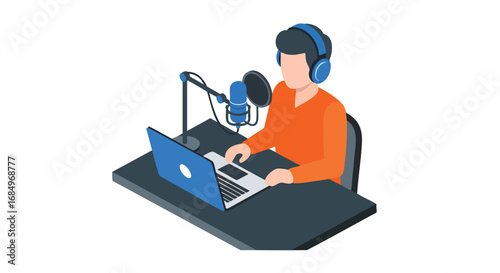Isometric illustration man recording podcast on laptop with microphone podcast broadcast studio audio creator streaming