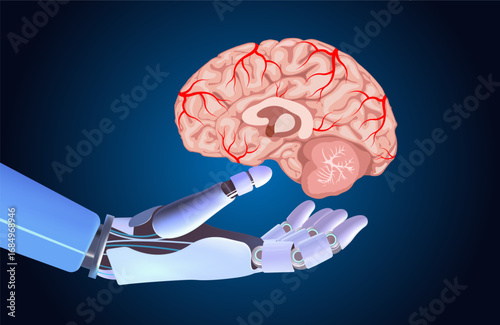 Robot hand holding human brain. Artificial intelligence, modern technologies