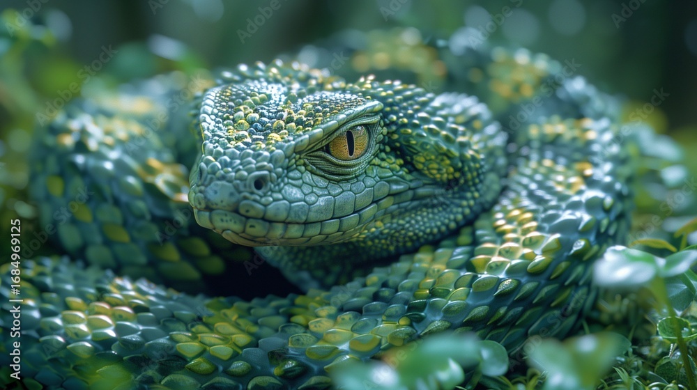 Fototapeta premium A detailed close-up of a vibrant green lizard with striking yellow eyes, coiled amidst lush foliage, showcasing its intricate scales and natural camouflage