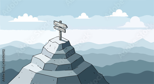 Cartoon mountain peak with blank wooden signpost layered landscape goal achievement success direction journey vector