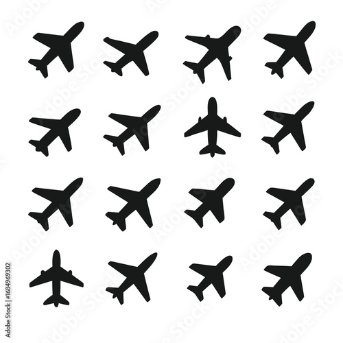 Airplane icons set, collection and group. Passenger plane, jet, flight, aircraft, aviation, travel, airport, transport, commercial airline, silhouette, vector illustration for journey and trip design.