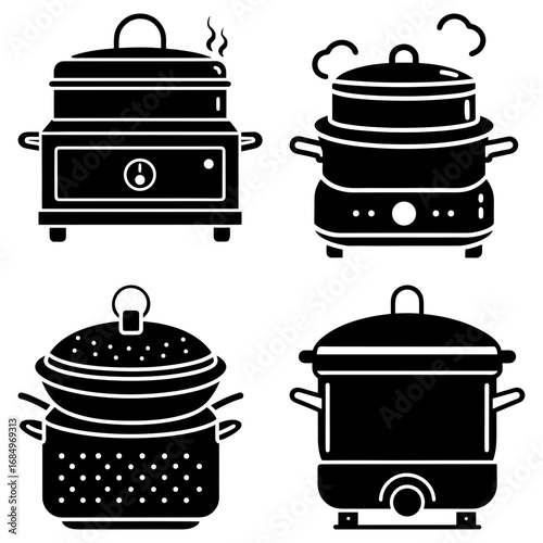 Illustration of four kitchen steamers with lids and handles in a black and white vector format