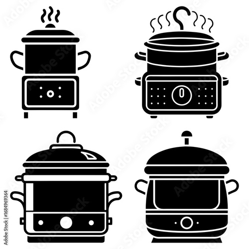 Four stylized black and white illustrations of electric food steamers with varying designs and features