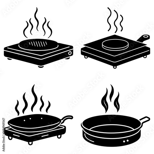 Four cooking appliances with steam rising including a grill and frying pans in black and white style