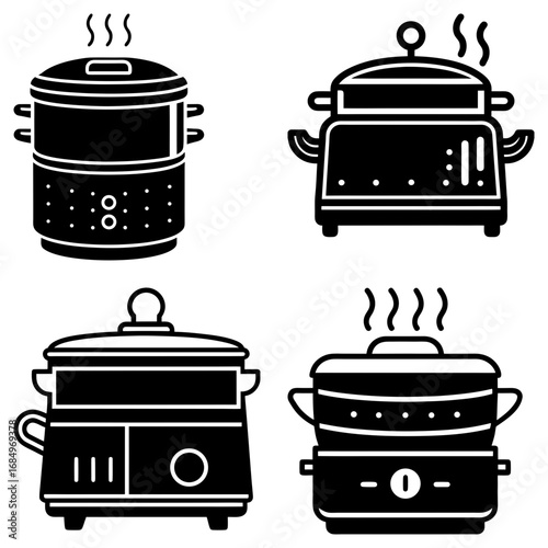 Illustration showcasing four distinct electric food steamers with varying designs and steam emanating from them