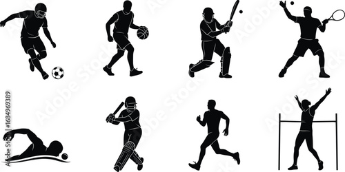 Silhouettes of athletes playing soccer, basketball, cricket, tennis, swimming, running, and high jump, sports action, fitness, competition, athletic movement