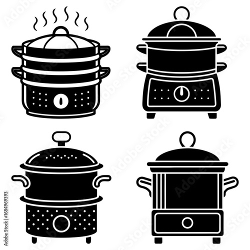 Four black and white illustrations of food steamers with lids and varying base designs displayed