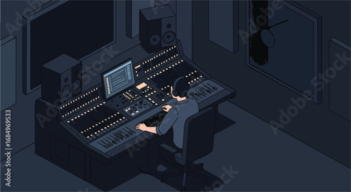 Vector isometric illustration sound engineer mixing audio console dark studio music production recording equipment technology