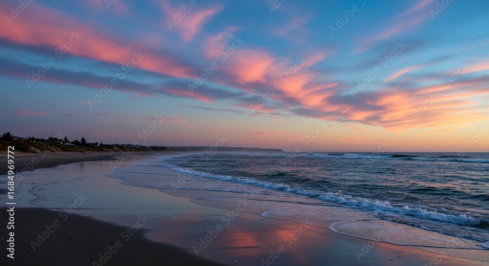 Fototapeta premium Tranquil sunset beach scene pink and blue sky ocean waves serene seascape coastal landscape nature photography