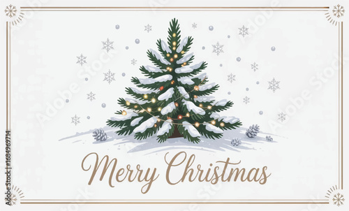 Merry Christmas Tree with Falling Snow on White Winter Background