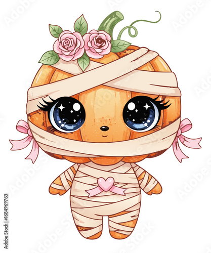 Adorable kawaii mummy pumpkin character decorated with roses and pink ribbons isolated on transparent background