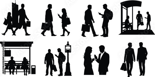 Silhouettes of people walking, talking, waiting at bus stops, using smartphones, carrying bags, urban lifestyle, commuting, public transport, city life
