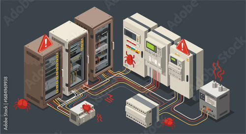Isometric data center under cyber attack with virus and warnings Cybersecurity Malware Network System Failure Vulnerability Threat Digital Vector Illustration