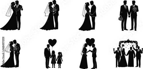 Silhouettes of wedding couples, family with children, same-sex wedding, romantic moments, celebration, love, marriage, wedding ceremony, holding hands, togetherness, happiness