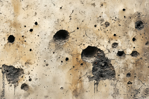 Old distressed concrete wall texture background. Rough cement surface with many cracks and deep holes. Weathered grunge pattern.