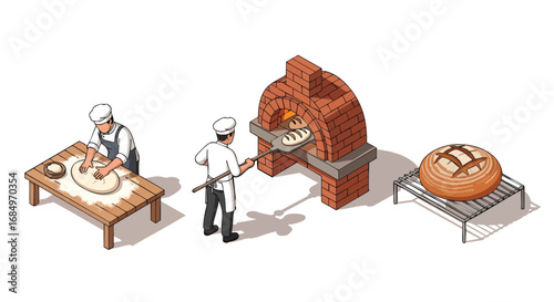 Isometric illustration of traditional bread baking process stages baker dough oven fresh loaf craft food