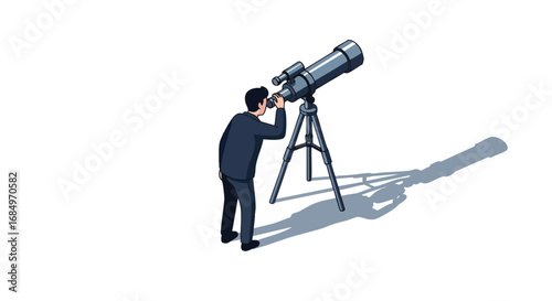 Businessman looks through telescope searching future isolated white background opportunity strategy business research discovery explore success vector