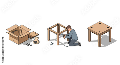Man assembling flat pack wooden table home furniture illustration process DIY assembly instruction build install wood tool