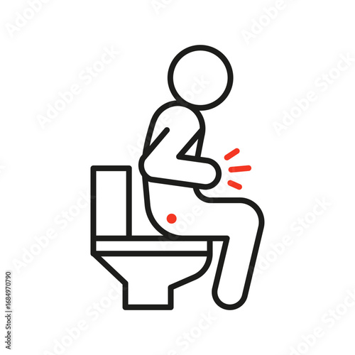 Person sitting in toilet with pain in stomach and defecation diarrhea line icon. Ache hemorrhoids, indigestion. Vector outline illustration
