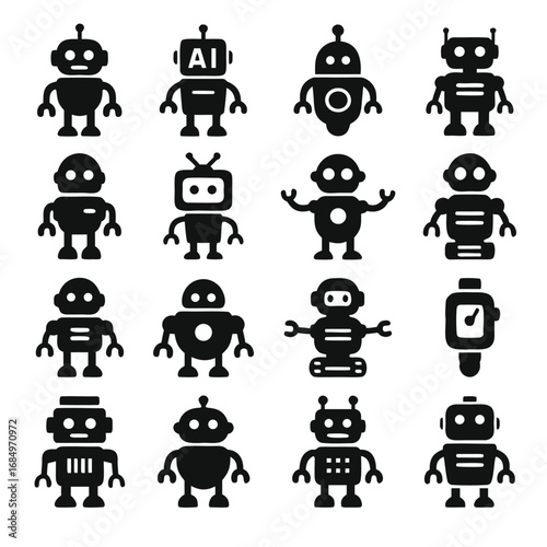 Robot icons set, collection and group. Artificial intelligence robot, humanoid, android, machine, toy, bot, future, innovation, automation, smart device, robotics, cute cartoon droid illustration