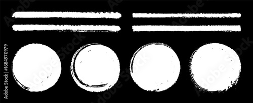 White vector paint brush round frames and highlighter lines isolated on black bg. Grungy abstract design elements. Hand drawn circles and long straight lines. Chinese, Japanese, Korean  brushstrokes
