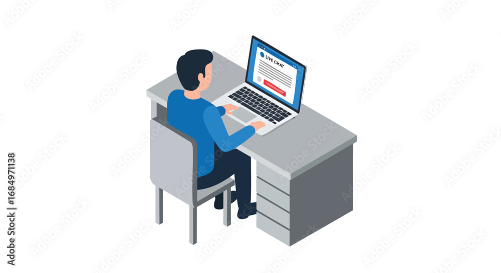 Obraz premium Isometric man using laptop for live chat support online customer service communication digital vector flat