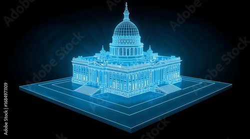 A holographic projection of a 3D model of a building.