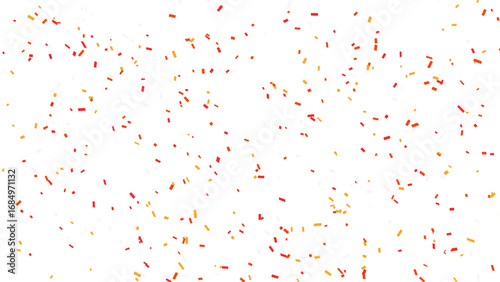 Whimsical scattering of vibrant red and orange confetti against a clean white background