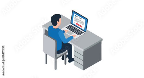 Isometric man using laptop for live chat support online customer service communication digital vector flat