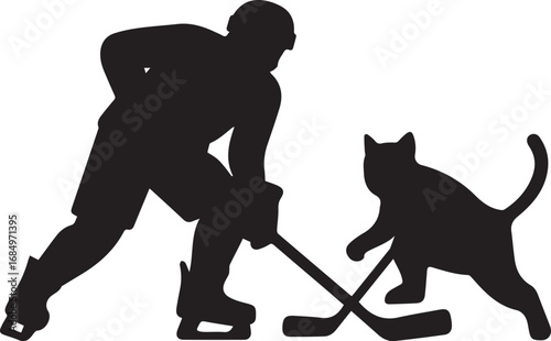 Hockey player and cat silhouette engaged in play on ice