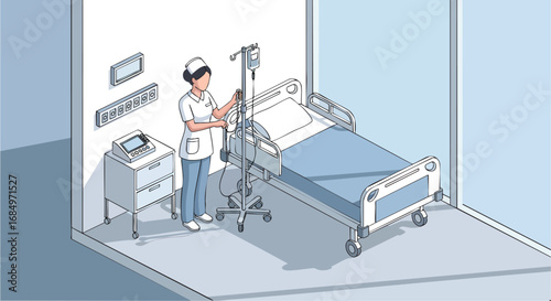 Isometric nurse adjusting IV drip by hospital bed medical health care patient treatment infusion clinic