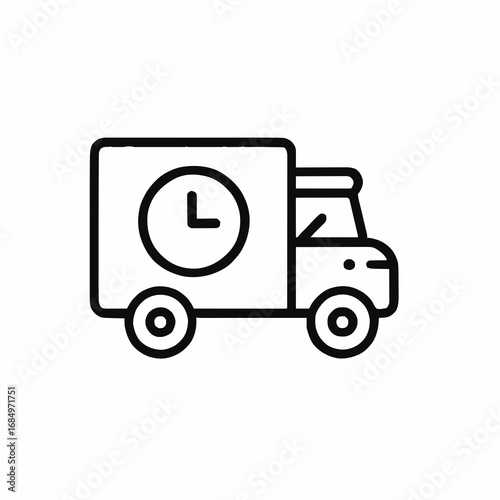 Black and white line icon of a delivery truck with a clock, symbolizing scheduled, timely, or express shipping services for logistics, e‑commerce, and courier operations.