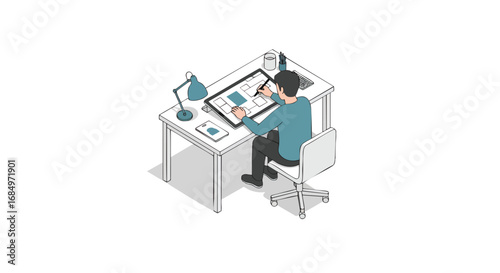 Digital creator focused on UI UX design on tablet isometric vector illustration app development modern technology workspace graphic art