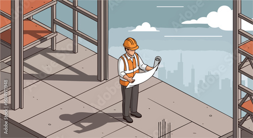Construction worker inspects blueprint at isometric building site architect project management cityscape development safety industry