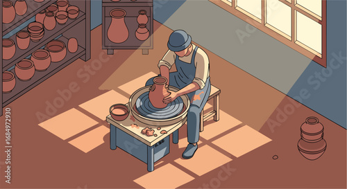 Isometric illustration of artisan crafting clay pot pottery workshop Pottery Craft Studio Ceramics Handmade Art Creative Hobby