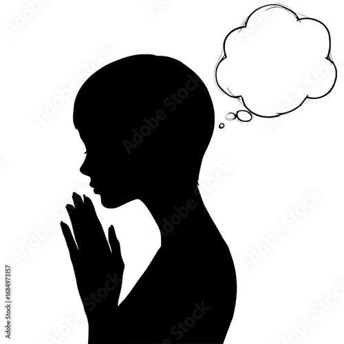 Woman silhouette thinking and praying with thought bubble on transparent background