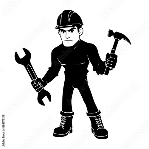 Auto repair worker silhouette holding tools on transparent background
