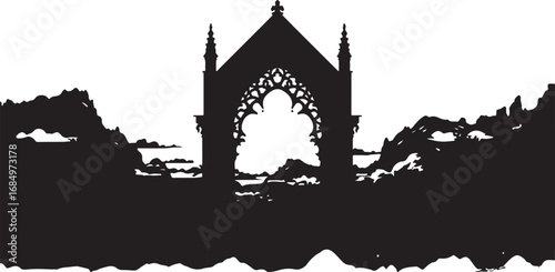 Gothic Cathedral Silhouette with Intricate Archway and Eroded Landscape Dramatic Black and White Illustration