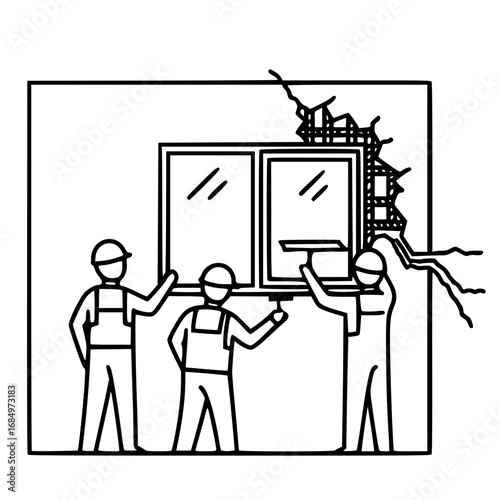 Window replacement: A team of three workers install windows using tools at the construction site. A simple vector