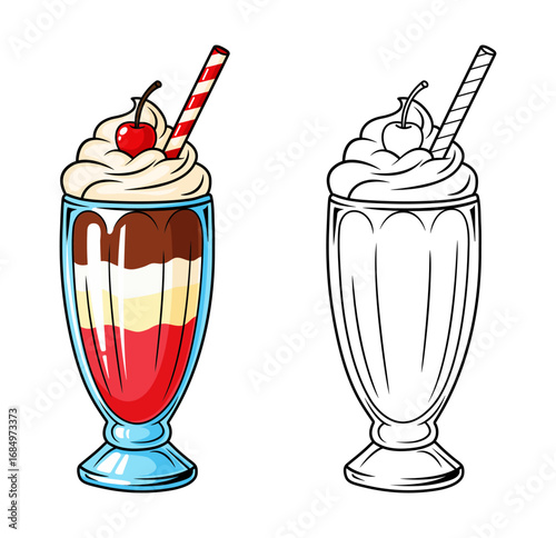 Colorful and Black and White Cartoon Illustration of a Layered Sundae with Cherry and Straw